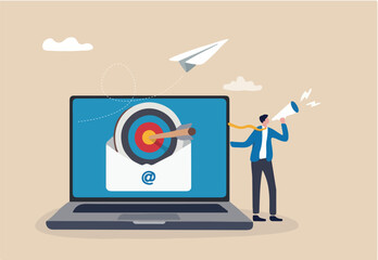 Email marketing, subscribe newsletter or sending online promotion to drive customer to website, communication and advertise concept, businessman with megaphone and targeting email on computer laptop