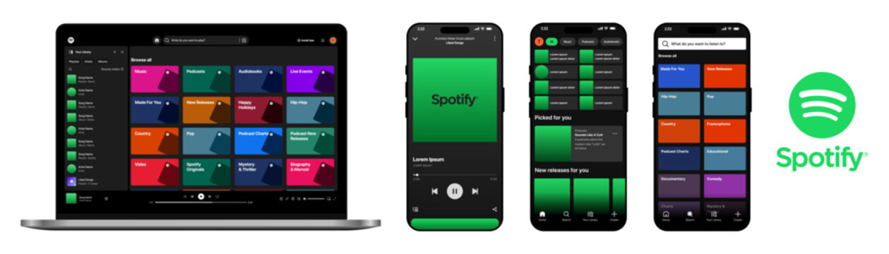 Spotify music streaming app interface on mobile and desktop devices
Spotify audio player UI screens with playlist browsing and media playback