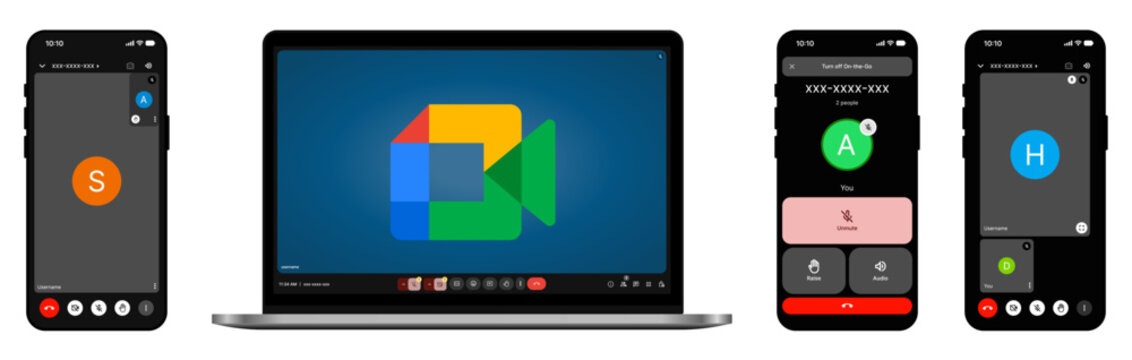 Google Meet video call interface on smartphone and laptop mockup
Google Meet online meeting screen with mobile and desktop devices