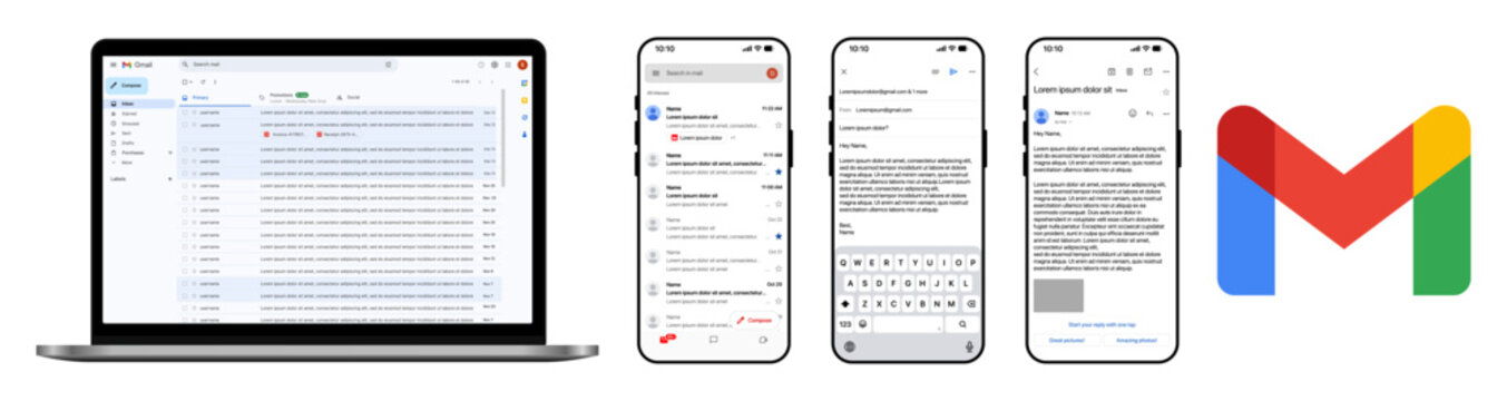 Gmail email interface on laptop and smartphone screen mockup, inbox and message view
Gmail mail application UI for business communication, digital messaging and productivity