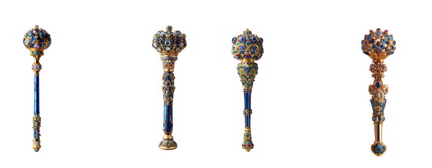 Four ornate royal scepters with detailed gold and blue designs are displayed in a row on transparent background