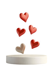 Minimal podium with floating hearts and subtle shadows on white studio background, clean product presentation style. 