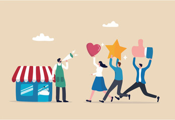 Customer loyalty or retention, marketing strategy for return customer, CRM to increase sale and satisfaction concept, store owner with megaphone tell loyalty customers with brand positive feedback. 