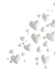 Minimal white background with soft shadowed heart shapes, clean modern valentine composition, editorial style. 