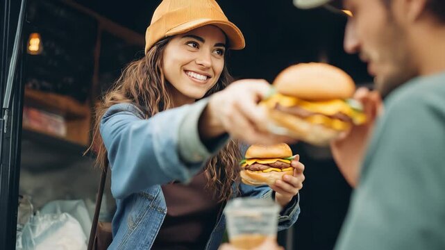 Food truck employee serves freshly made burger to customer in lively outdoor setting during lunchtime
