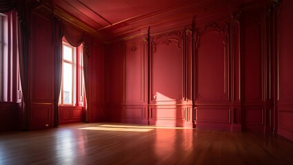 A strikingly opulent red room with elaborate moldings and sunlit wooden parquet floor.