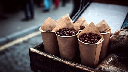 Roasted coffee beans displayed in brown paper cups inside a rustic wooden box at an outdoor market showcasing fresh aromatic specialty coffee.
