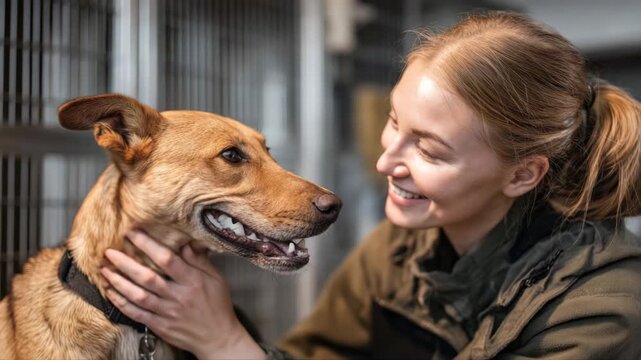 Woman interacts joyfully with a friendly dog in an animal shelter, showcasing a heartwarming connection, camera captures the moment with a gentle zoom in