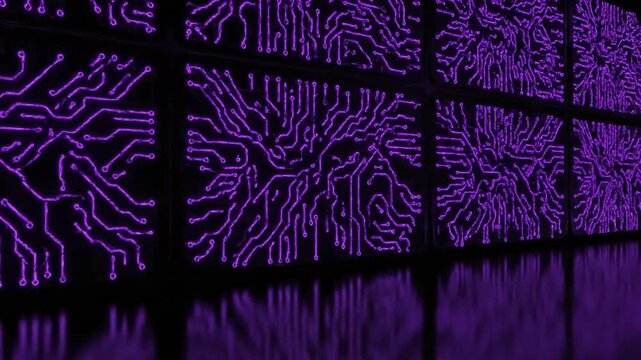 A video showcasing a futuristic purple circuit board design in a dark room