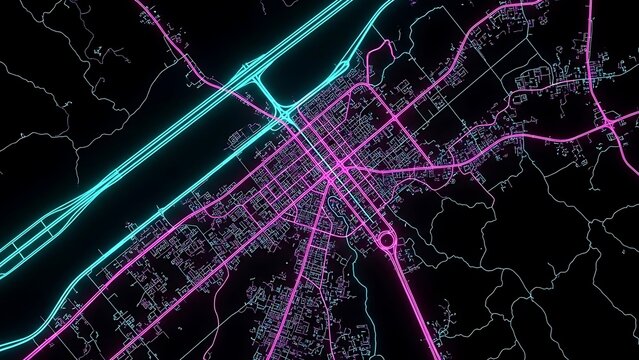 Neon city map at night with glowing roads and street lights illuminating the urban landscape from above - Powered by Adobe