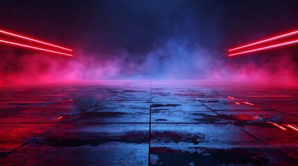 Neon Lit Futuristic Cyberpunk Stage with Smoke and Wet Floor lights Photo