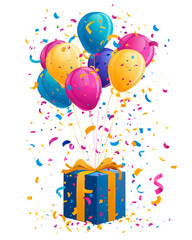 Open gift box with colorful balloons and confetti rising upward, playful celebration icon style, isolated on white background. 