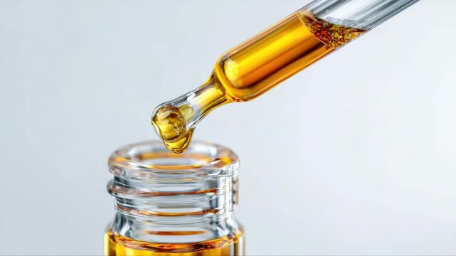 Close-up of a dropper releasing golden liquid into a glass vial, showcasing the fluid's texture and movement, emphasizing the precision of the dropper's action