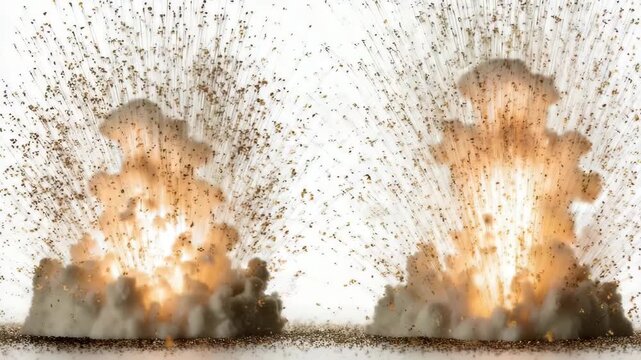 Twin explosions with smoke and debris isolated on white background causing massive destruction