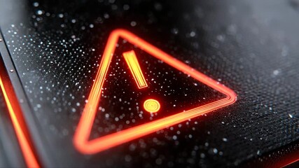 Close-up view of illuminated warning symbol on a wet surface, showcasing intricate details and textures, camera zooms in to emphasize the alertness and urgency of the scene