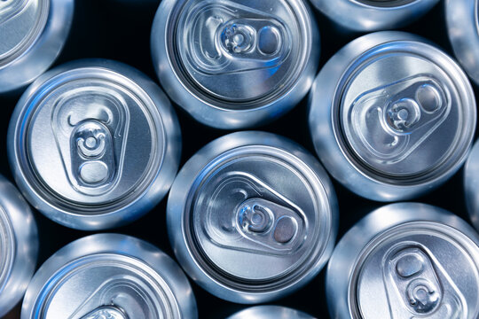 Top view of aluminum cans in beer production facility