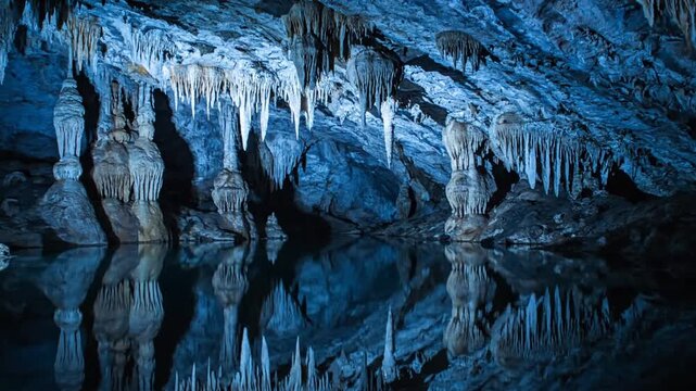 A stunning video of a cave with icicles and a reflective pool of water. use as multipurpose tittle intro, gaming background. product mockup. motion graphics background