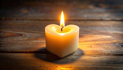 Heart Shaped Candle Burning With Warm Light on a Rustic Wooden Table Surface With Natural Lighting and Soft Shadows