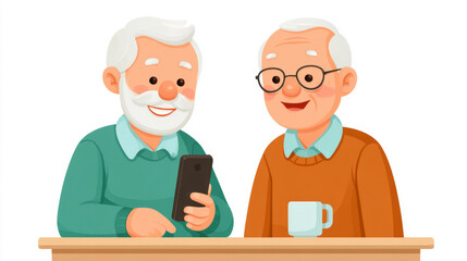 Obraz premium Older man demonstrating smartphone settings to friend in cozy indoor setting