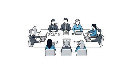 An overhead illustration of ten diverse professionals in suits meeting around a conference table with laptops and papers