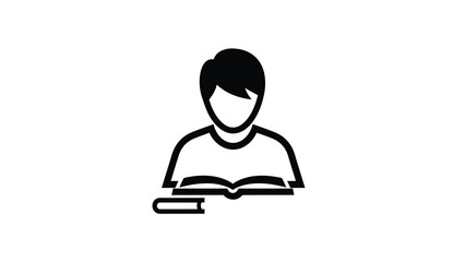 Black outline icon of a person reading an open book, with a closed book next to it. Focus on learning