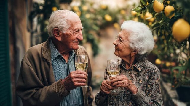 Elderly couple enjoying a joyful moment together, raising glasses of wine amidst a vibrant lemon garden, showcasing love and connection, camera gently pans across scene - Powered by Adobe