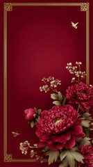 Obraz premium Luxury chinese background elegant festive oriental background design with deep red peony flower and gold frame border creating rich floral space for text and celebration card layout