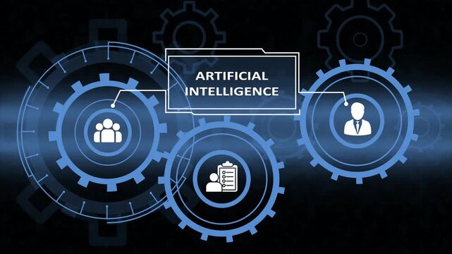 futuristic video showcasing artificial intelligence concepts with gears and icons on a dark background. Business, Technology, Internet and network concept.