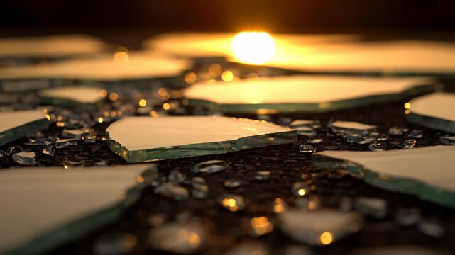 Shattered glass on ground at sunset with warm golden light