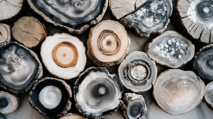 Abstract composition of natural wood slices and polished agate stones.