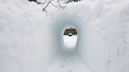 Snow tunnel with white walls leading to an outdoor winter scene  