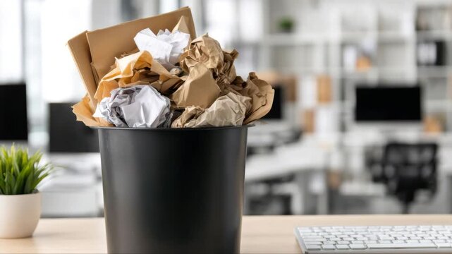 Office scene showing a black trash bin overflowing with crumpled paper and cardboard, camera gradually zooms in to highlight the clutter and workspace environment