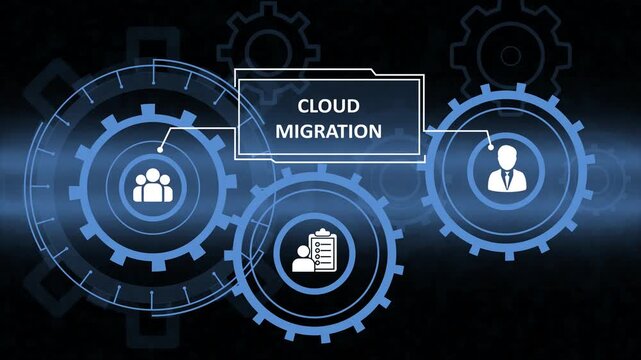 blue gear mechanism background for server transition. cloud migration data visualization with team and checklist icons. virtual business monitor focusing on digital transformation.