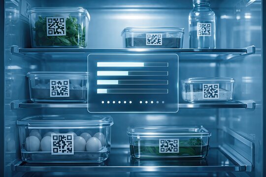 Smart refrigerator with QR code labels for food storage and tracking system displaying inventory analytics and freshness levels showcasing modern kitchen technology