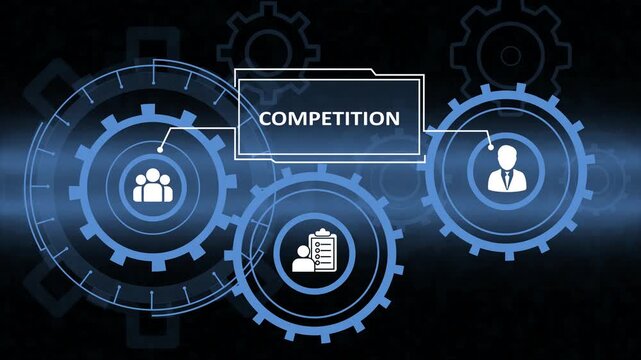 modern technology hud showing market competition process. blue gear mechanism background for corporate challenge. competition data visualization with team and user icons.