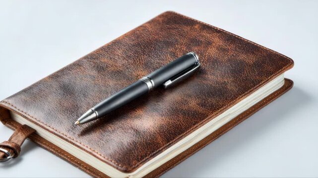 Elegant brown leather notebook with a sleek pen resting on top, showcasing texture and detail, camera performs a smooth zoom in to emphasize craftsmanship and design