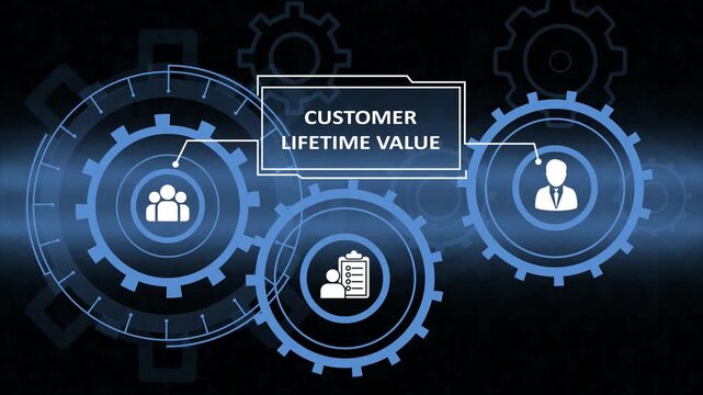 futuristic customer lifetime value interface with blue gears. digital business marketing strategy concept on virtual screen. modern technology hud showing clv process.