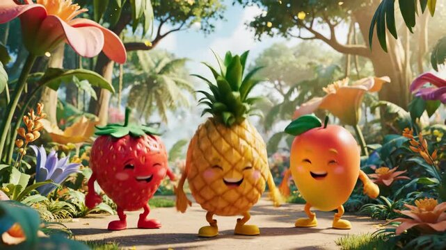 A vibrant, cheerful 3d illustration captures anthropomorphic pineapple, strawberry, and mango characters walking side-by-side in a lush tropical fantasy forest.