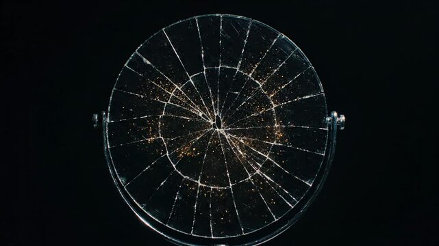 Broken glass with golden light on black background