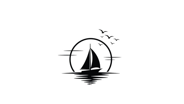 Black silhouette of a sailboat with sails on choppy water, framed by an oval, with birds flying above