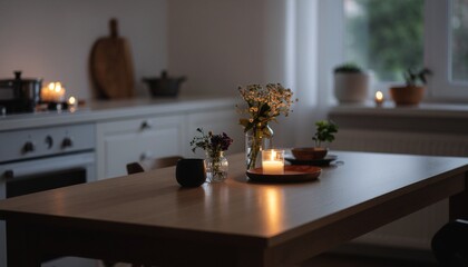 花とキャンドルが彩る暖かいキッチンテーブル
Warm kitchen table with flowers and candlelight

