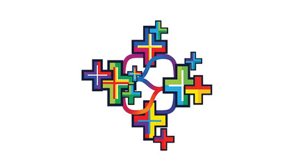 Obraz premium Colorful abstract design with numerous plus signs interconnected by curving lines, forming a symmetrical pattern