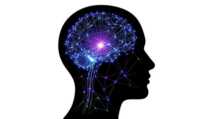 Artificial intelligence concept with silhouette of human head and glowing digital neural network brain on white background