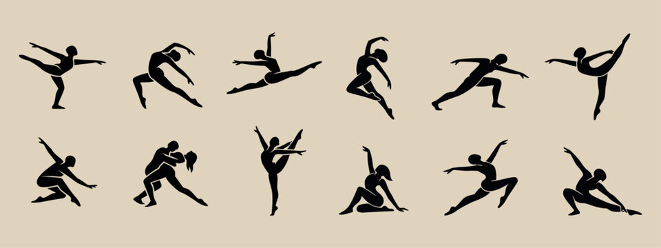 a collection of black silhouettes of people (mostly female figures) in various dynamic poses reminiscent of modern dance, ballet, yoga, or artistic gymnastics.