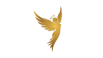 Obraz premium Golden angelic silhouette with outstretched wings and a halo, depicting grace and spirituality on white