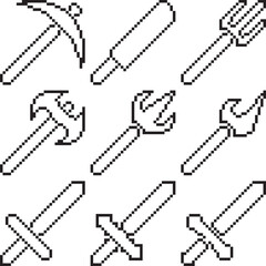 Fototapeta premium Sword, spear trident, weapon, ax, machele game asset icon black-white vector pixel art