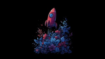 Red Rocket Ship Ascends from a Bed of Blue and Pink Foliage spaceship launch Photo