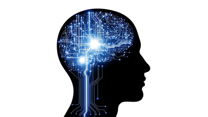 Silhouette of human head with blue glowing circuit board pattern brain representing artificial intelligence and machine learning