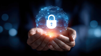 Secure digital globe with lock icon held in business hands conveying data protection and trust