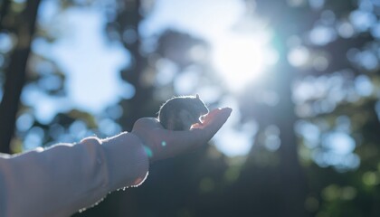 森の中で小動物を手に乗せる人とコピースペース  
Person holding a small animal in the forest with copy space
